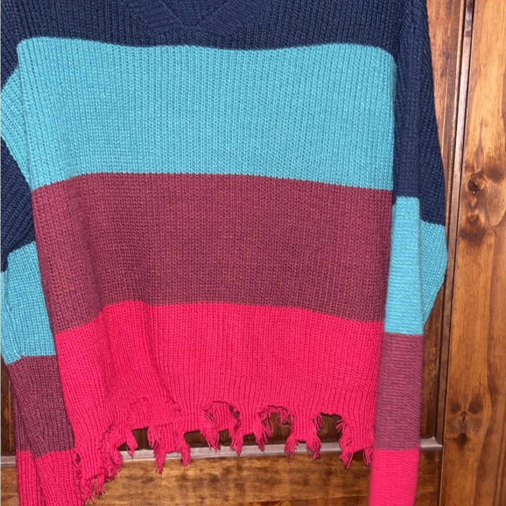 Vibrant Striped V-Neck Sweater in Turquoise Burgundy and Hot Pink